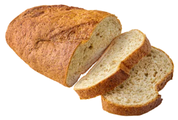 Crédence de cuisine en verre imprimé Boulangerie loaf of white wheat bread sliced on white background