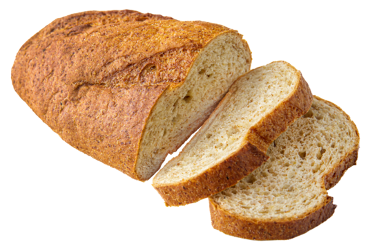 loaf of white wheat bread sliced on white background
