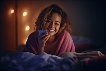 Obraz premium happy young adult woman or teenager using mobile phone smartphone. Generative AI