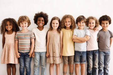 multiethnic children stand side by side in line, childhood and child. Generative AI