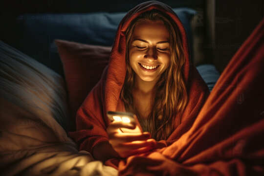 happy young adult woman or teenager using mobile phone smartphone. Generative AI