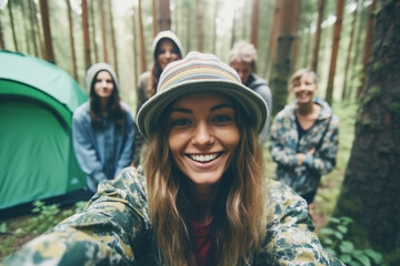 positive vibes when camping in the forest with tents and friends, in daylight in a forest clearing. Generative AI