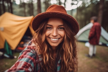 positive vibes when camping in the forest with tents and friends, in daylight in a forest clearing. Generative AI