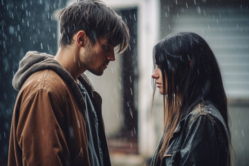 a sad woman and sad man, raindrops fall. Generative AI