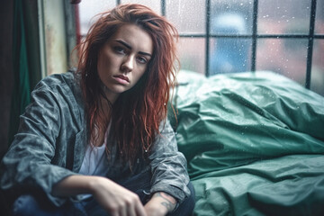 Obraz premium young adult woman with hair dyed red at window with bed cover, desolate or bored, negative facial expression. Generative AI