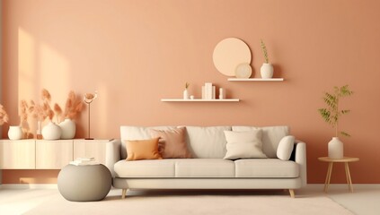 Fototapeta na wymiar Creative composition of stylish living room interior with copy space, grey sofa, beige commode, clay vases and stylish personal accessories. Pastel neutral colours. Template,generative ai variation 4