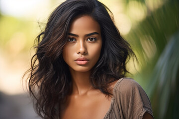 Naklejka premium young adult woman, attractive beautiful woman with tanned dark skin tone and dark black hair, close-up face, dark eyes. Generative AI