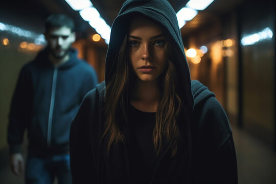 young adult woman with hoodie in a dark underpass, in the background an unrecognizable man. Generative AI