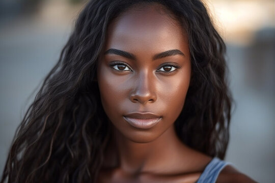 young adult woman, attractive beautiful woman with tanned dark skin tone and dark black hair, close-up face, dark eyes. Generative AI
