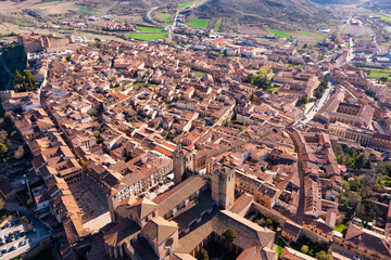 Bird's eye view of Siguenza, Province of Guadalajara, Castile-La Mancha, Spain. Cathedral visible from above.