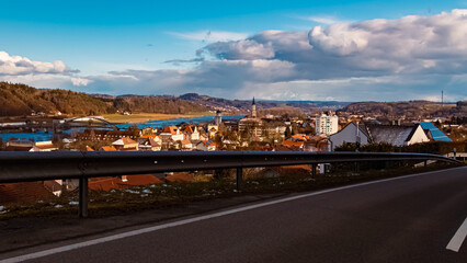 Winter landscape with a bridge on a sunny day near Vilshofen, Danube, Bavaria, Germany