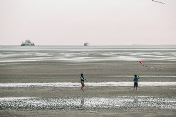 Child and mother fly kites on the beach in cloudy weather. Beach activities and recreation.Kites on the wattled beach of the North Sea. 