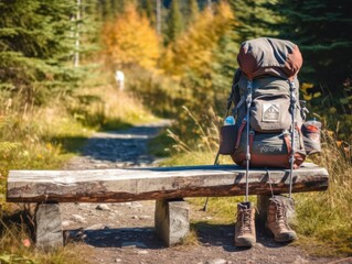 A backpack and hiking boots sitting on a trailhead sign