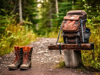 Fototapeta premium A backpack and hiking boots sitting on a trailhead sign