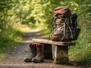 Fototapeta premium A backpack and hiking boots sitting on a trailhead sign