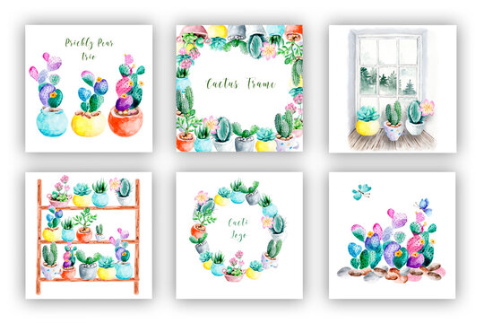 set of banners, A set of postcards with the image of cacti of different shapes and varieties in pots. Painted by hand in watercolor. Lots of different shades. Hand drawn, copy spase. For logo, print