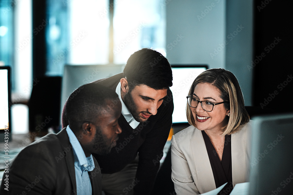 Poster who youre with is who you become. three businesspeople working together on a project in an open spac