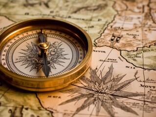 A close-up of a compass with a map in the background