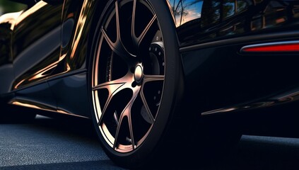 Rear view of black car's front wheel