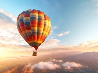 A hot air balloon floating in the sky at sunrise