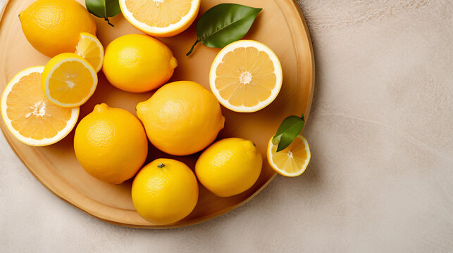 Lemons and lemons in a wooden plate on a light background. Created with Generative AI tools