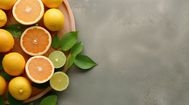 Fresh citrus fruits on grey table, top view.  Created with Generative AI tools