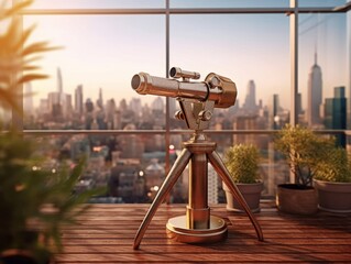 A map and binoculars on a rooftop with a view of the city skyline