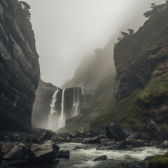 Rugged Cliff Face with Waterfall and Misty Atmosphere, generative ai