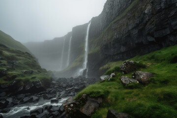 Rugged Cliff Face with Waterfall and Misty Atmosphere, generative ai