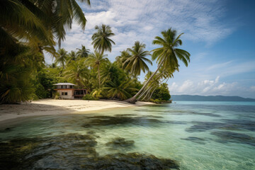 Fototapeta na wymiar Romantic Getaway on an Island with a Secluded Beach and Palm Trees, generative ai