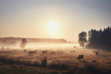Rustic countryside landscape with a herd of grazing cows on a misty meadow at sunrise, generative ai