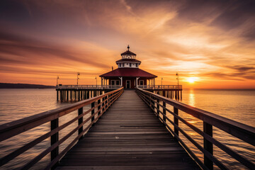 Seaside Romance Pier and Lighthouse with a Beautiful Sunset Sky, generative ai