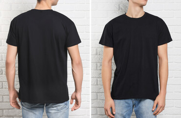 Man wearing black t-shirt near white brick wall, back and front views. Mockup for design