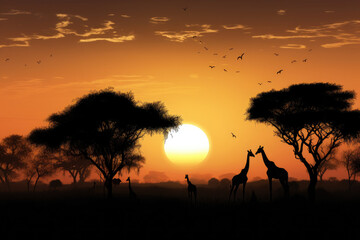 Fototapeta na wymiar Savanna at Dusk with Silhouetted Giraffes and Zebras in the Foreground, generative ai