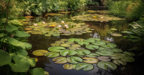 Obraz na płótnie Canvas Serene Pond with Lush Lily Pads and Frogs Jumping, generative ai