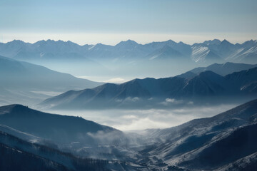 Fototapeta na wymiar Snow-Covered Mountain Range with Misty Valleys Below, generative ai