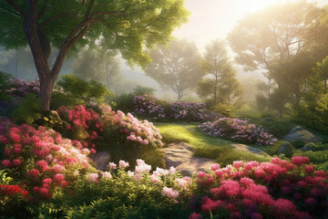 Springtime Serenade Harmonious Landscape Bursting with Blooming Flowers, generative ai