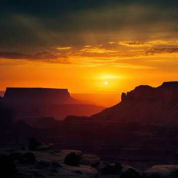 Silhouette of Towering Mesas against a Vibrant Sunset in Canyon, generative ai © aicandy