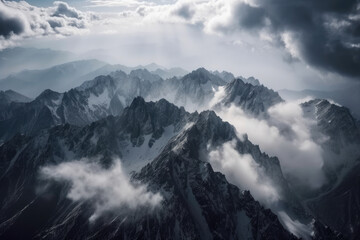 Stunning aerial view of a towering snow-capped mountain peak piercing through a thick blanket of clouds, generative ai