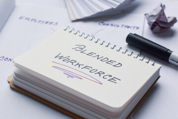 Notepad with the text Blended Workforce on desk. It is a strategy that combines a variety of employees on different contracts. Selective focus.