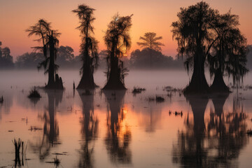 Fototapeta na wymiar Sunset Over a Misty Swamp with Cypress Trees and Water Reflections, generative ai