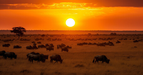 Fototapeta premium Sunset Over a Vast African Savanna Teeming with Wildlife, generative ai