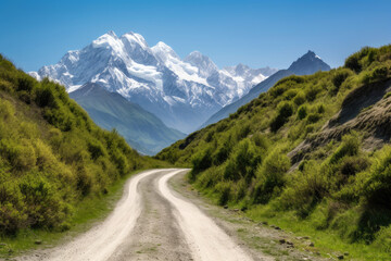 Fototapeta na wymiar The Road to Adventure winding mountain road leading to a snow-capped peak with a clear blue sky in the background and lush greenery on either side, generative ai