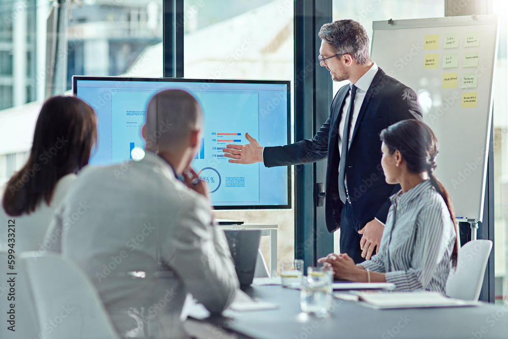 Poster using visual aid is always a plus. a businessman delivering a presentation in the boardroom.