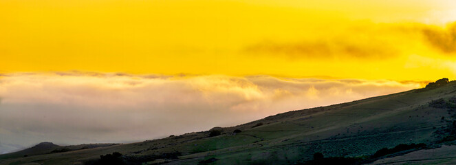 panoramic sunset, clouds, flog, ridge, horizon