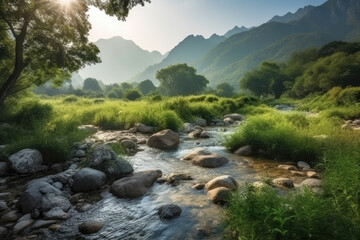 Naklejka na ściany i meble Tranquil Valley with a Serene Brook Flowing through the Picturesque Landscape, generative ai