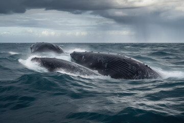 Naklejka premium Whales in the Deep Blue Panoramic View of a Vast Ocean with Breaching Whales, generative ai