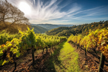 Fototapeta na wymiar Vineyard Adventures Breathtaking View of Endless Grapevines on a Tranquil Hillside, generative ai
