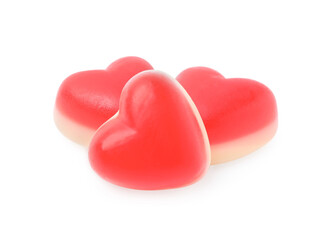 Sweet heart shaped jelly candies on white background