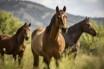 Fototapeta na wymiar Wild Horses Enjoying a Sunny Day in a Green Meadow, generative ai